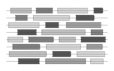 Un schéma abstrait de structure comptable : des filets horizontaux portant des blocs tramés noirs de largeurs variables. Il représente une tenue de registres structurée, sans chiffres réels ni interface.