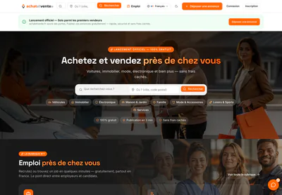 Achat et Vente homepage on desktop, with a search bar over category tiles for vehicles, property, electronics and more.