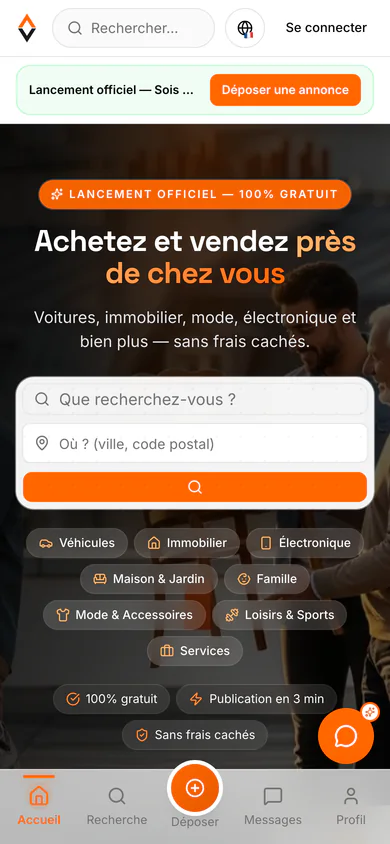 Achat et Vente homepage on mobile, with search, categories and the listing button reachable in one thumb reach.