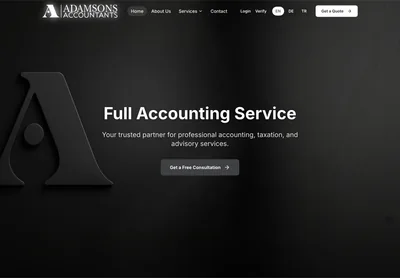 Adamsons Accountants homepage on desktop, presenting a full accounting service with accounts, taxation and advisory.