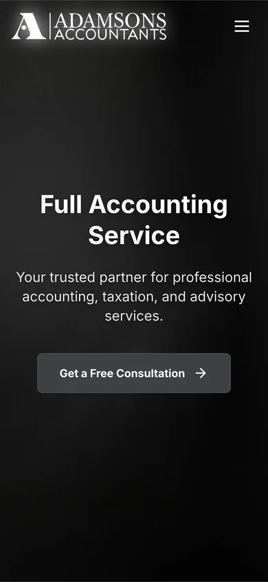 Adamsons Accountants homepage on mobile, with the service groups stacked in a single column.