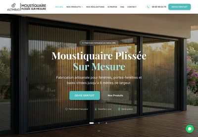 Altinbas Moustiquaire homepage on desktop, presenting made-to-measure pleated insect screens with a free quote call to action.