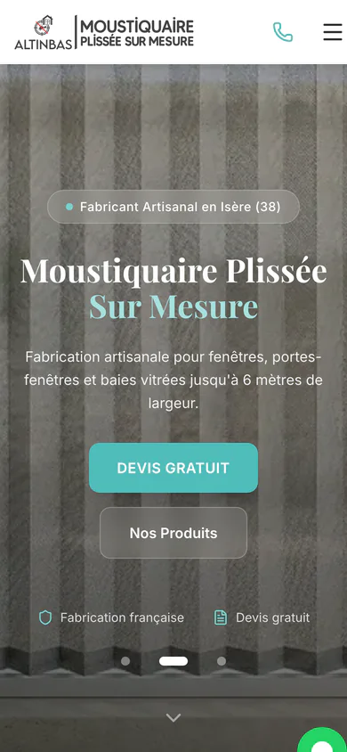 Altinbas Moustiquaire homepage on mobile, with the product range and quote request stacked.