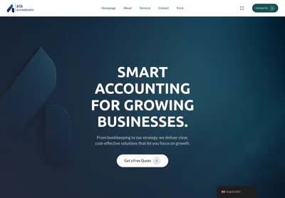 ATA Accountancy homepage on desktop, showing the headline "Smart accounting for growing businesses" over a dark blue gradient with a Get a Free Quote button.