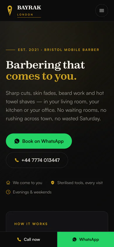 Bayrak London homepage on mobile, with the service area and booking button stacked for one-handed use.