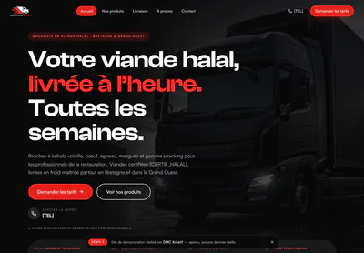 Bretagne Foods homepage on desktop, presenting a halal meat wholesaler with its delivery area for Brittany.