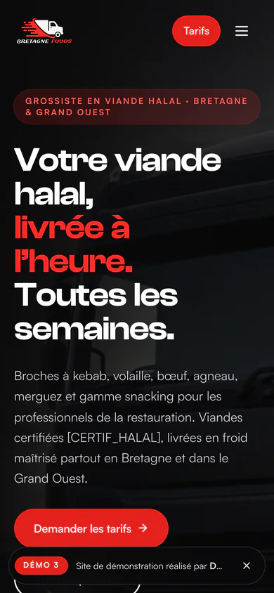 Bretagne Foods homepage on mobile, with certification and delivery coverage stacked above the range.