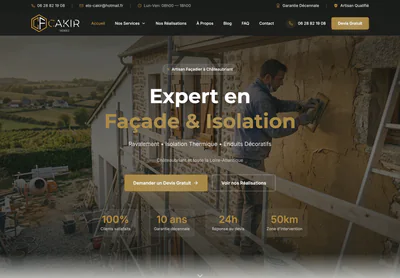 Cakir Façades homepage on desktop, showing façade and insulation services with recent project photography.