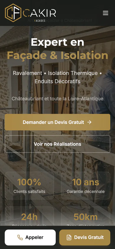 Cakir Façades homepage on mobile, with services and the phone number within immediate reach.