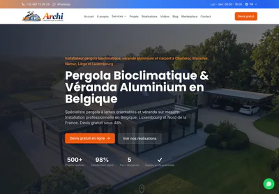Archi Construction homepage on desktop, showing bioclimatic pergolas and aluminium verandas for the Belgian market.