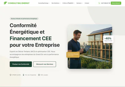 Consulting Energy homepage on desktop, presenting energy performance consultancy for the Grand Est region.