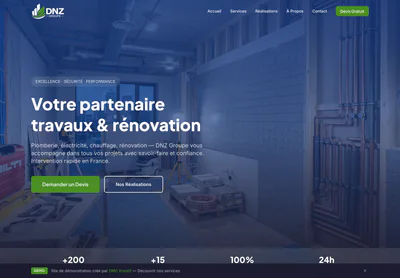 DNZ Groupe homepage on desktop, listing plumbing, electrical, heating and renovation services.