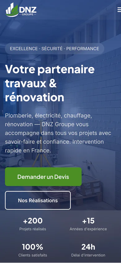 DNZ Groupe homepage on mobile, with the four trades stacked above the contact details.