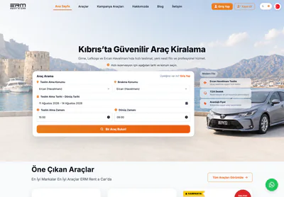 Page d'accueil d'ERM Rent A Car sur ordinateur, présentant la location de véhicules à Nicosie et Kyrenia, à Chypre du Nord.