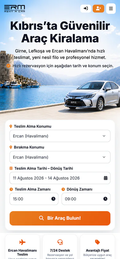 Page d'accueil d'ERM Rent A Car sur mobile, recherche de réservation et catégories de véhicules empilées.