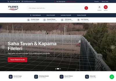 Filenes Sports homepage on desktop, presenting professional sports and safety netting by application.