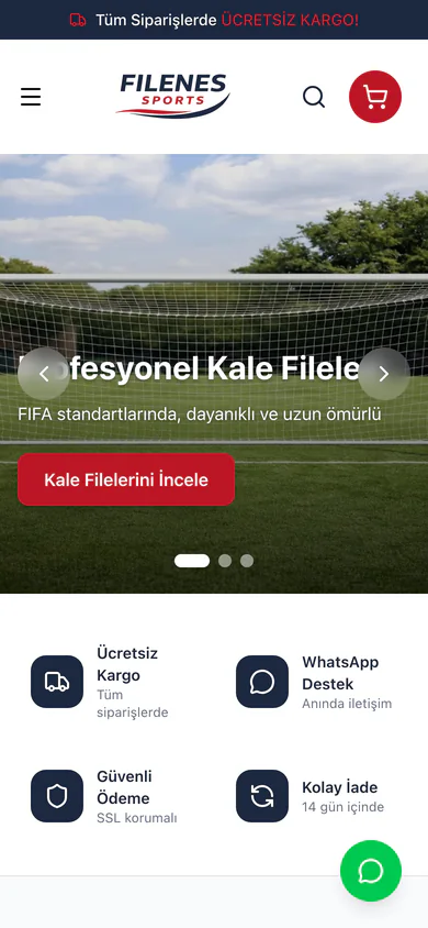 Filenes Sports homepage on mobile, with the netting applications stacked in a single column.