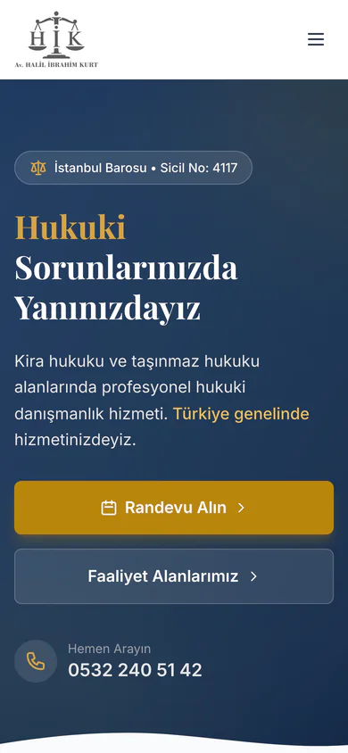 Halil İbrahim Kurt homepage on mobile, with practice areas and contact details stacked.