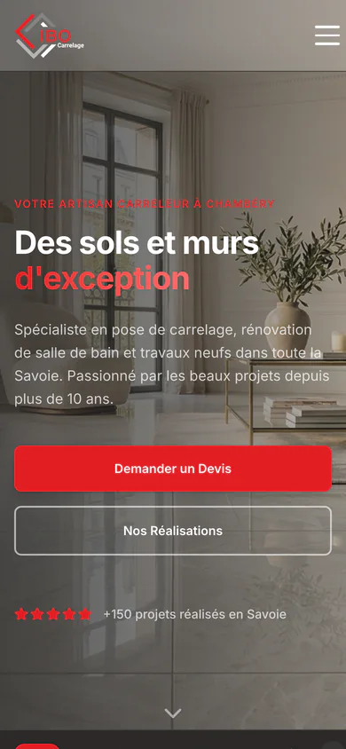 IBO Carrelage homepage on mobile, with completed work and the phone number in immediate reach.