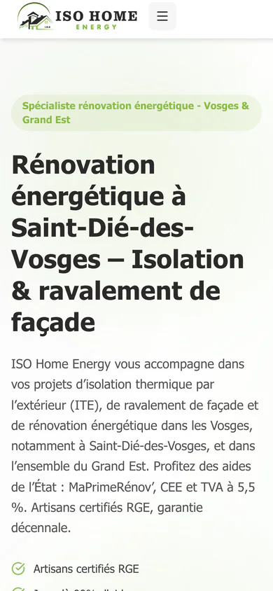 ISO Home Energy homepage on mobile, with the renovation services and quote request stacked.