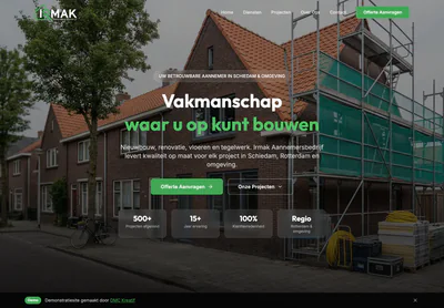 Irmak Aannemersbedrijf homepage on desktop, presenting a contractor serving Schiedam and Rotterdam, published in Dutch.