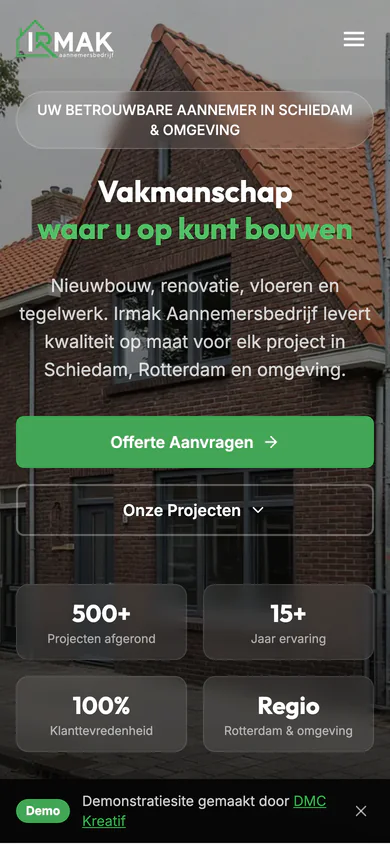 Irmak Aannemersbedrijf homepage on mobile, with the service area and contact details stacked.