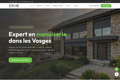 KASE Fermetures homepage on desktop, presenting windows, doors, garage doors and shutters for the Vosges region.