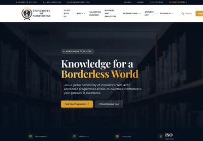 University of NorthWest homepage on desktop, with the headline "Knowledge for a Borderless World" above featured programmes.