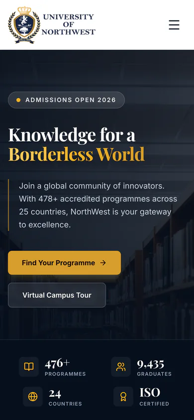 University of NorthWest homepage on mobile, showing the programme entry points in a single column.