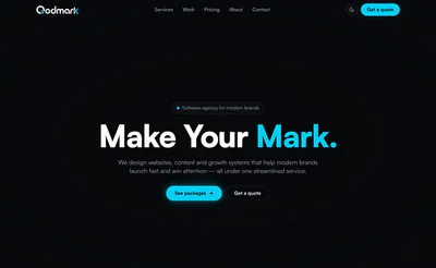Qodmark homepage on desktop, with the headline "Make Your Mark." centred on a black field above two calls to action.