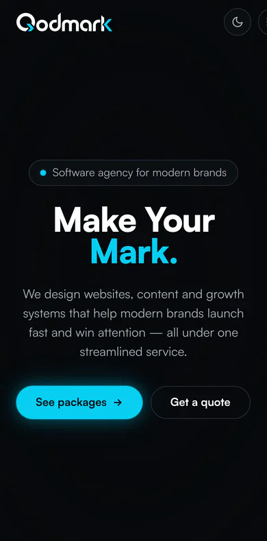 Qodmark homepage on mobile, headline and calls to action stacked on a black field.