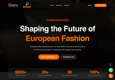 Retro Koşar Tekstil homepage on desktop, presenting garment product lines and production capability for European markets.