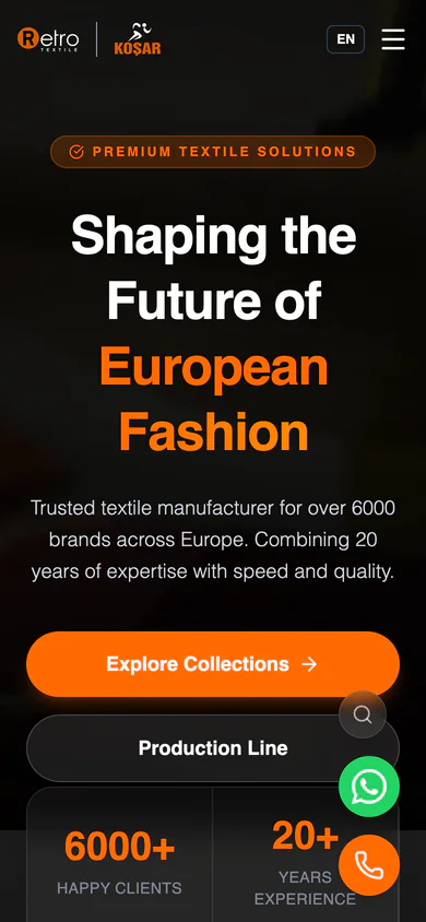 Retro Koşar Tekstil homepage on mobile, with product lines stacked above the production section.