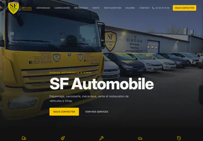 SF Automobile homepage on desktop, presenting a vehicle garage serving Vinay in the Isère.