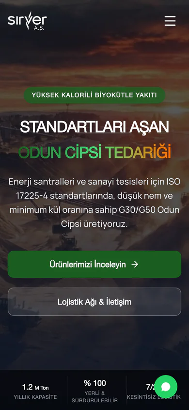 Sirver A.Ş. homepage on mobile, with supply capability and contact details stacked.