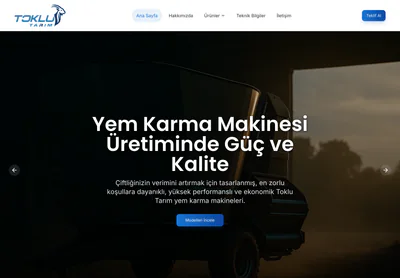Toklu Tarım homepage on desktop, presenting feed-mixing machinery manufactured in Konya.