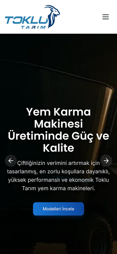 Toklu Tarım homepage on mobile, with the machinery range stacked in a single column.